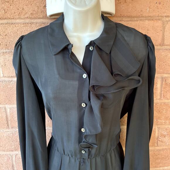 VTG Jeri New York Chiffon Black Sheer Ruffle Button Front Dress Long Sleeve 8 - Picture 3 of 11